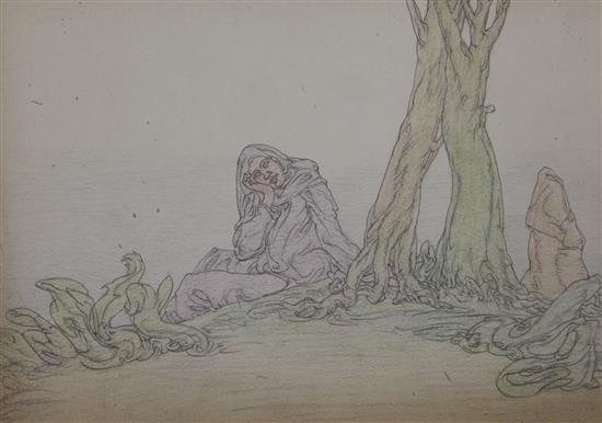 § Austin Osman Spare (1888-1956) Woman beside tree trunks 7 x 10in. unframed